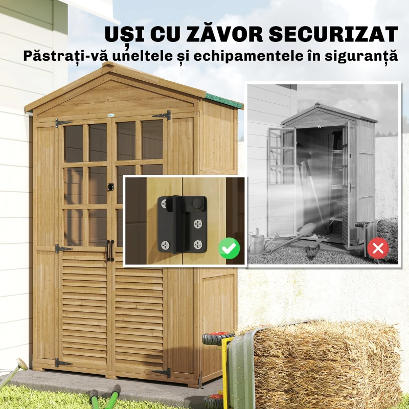 Outsunny Dulap de Grădină din Lemn de Brad cu Rafturi și Ferestre din Acril, Căsuță Depozitare Unelte Exterioare cu Acoperiș Asfaltat, Uși Blocabile, 128x57.5x197 cm, Maro Deschis
