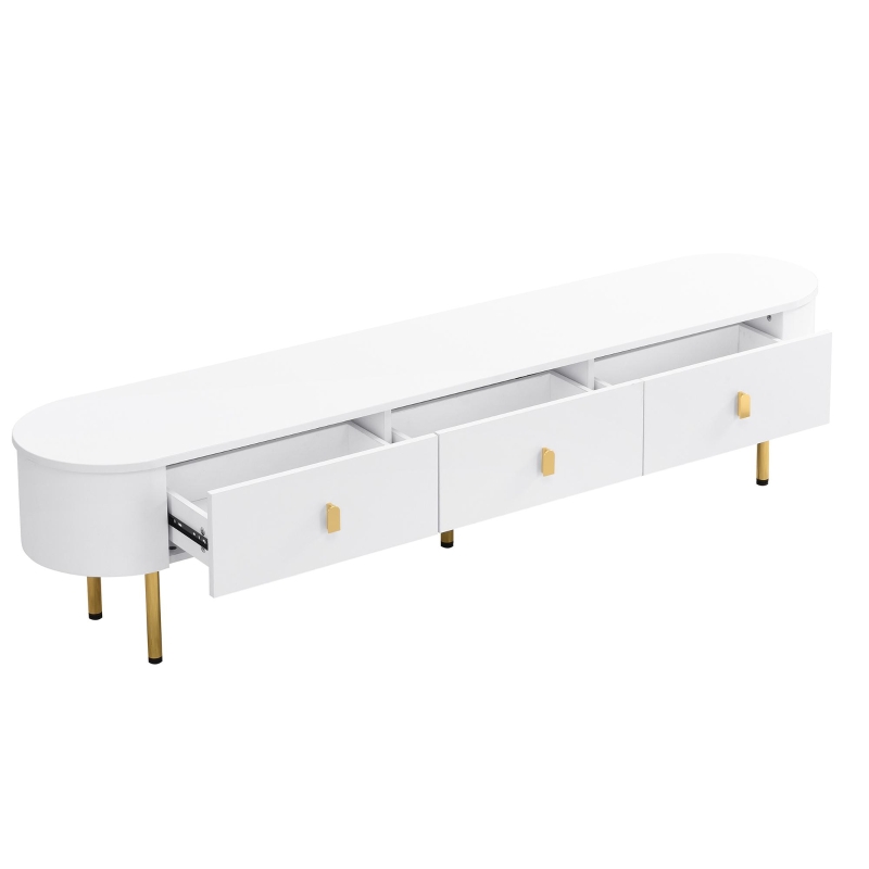 Set mobile TV e tavolino da caffè per soggiorno con cassetti e angoli arrotondati, Bianco e Oro