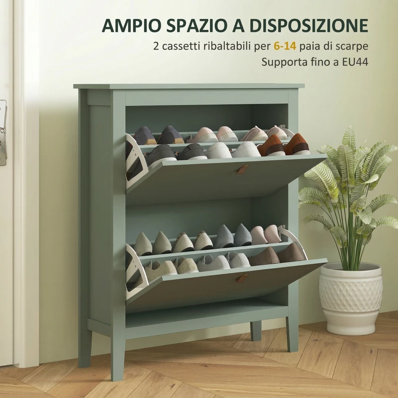 HOMCOM Scarpiera Slim con 2 Cassetti e Ripiani Regolabili per 14 Paia di Scarpe EU44, 80x24x95,5 cm, Verde