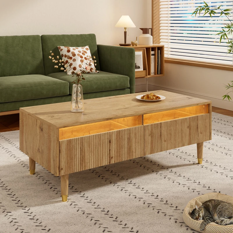 Tavolino da salotto con 2 cassetti e illuminazione LED, 110x50x40 cm, Color Legno