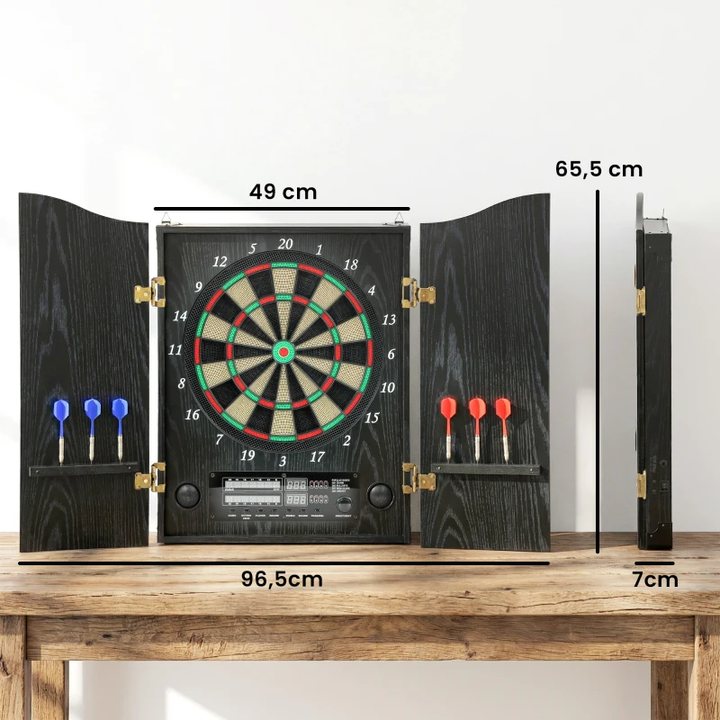 SPORTNOW Elektronische Dartscheibe E Dartboard mit Türen Holzoptik LED Anzeige Sprachansagen 6 Dartpfeile, 24 Ersatzspitzen