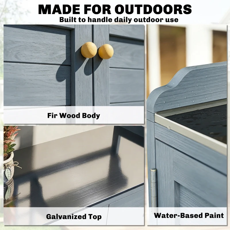 Outsunny Plantentafel met Kast Outdoor - Houten Tuinkast met Gegalvaniseerd Werkblad, 2 Lades, 104x44x140 cm, Lichtgrijs