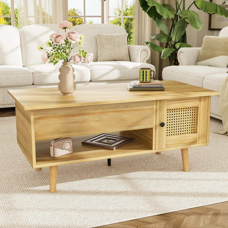 Table basse avec plateau relevable et portes en rotin, rangement pratique, 103x50x46 cm, Couleur naturelle