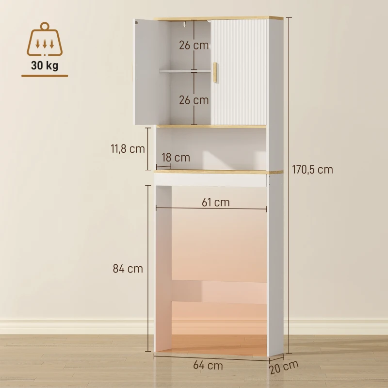 HOMCOM Badregal über dem WC, 3-stufig mit offenem Ablagefach, 2 Türen und verstellbarem Einlegeboden, 64x20x170,5 cm Weiß