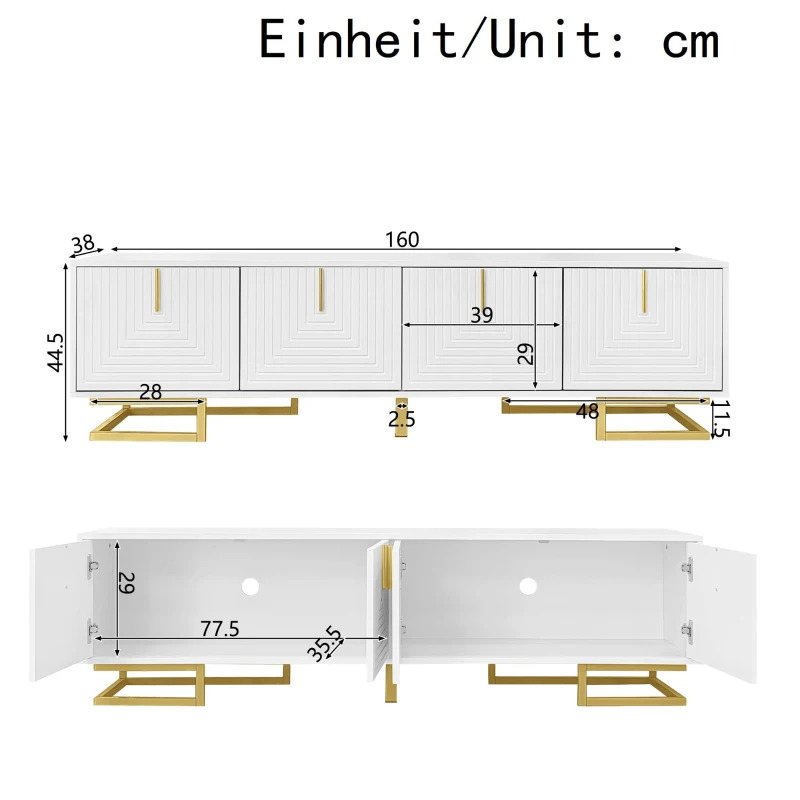 Mobile TV moderno con maniglie e gambe dorate, piedini regolabili, 160x38x44.5 cm, Bianco