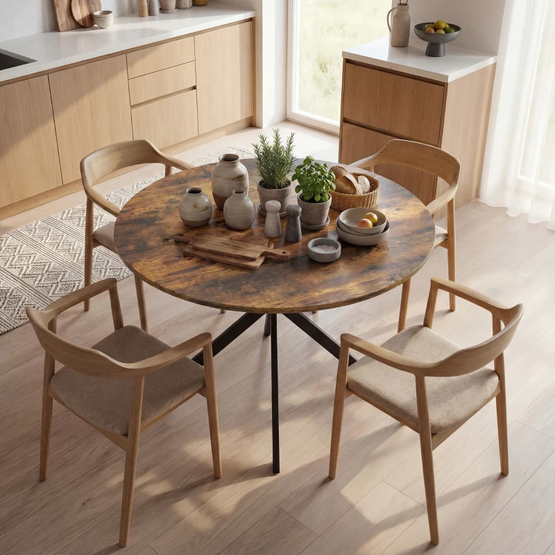 HOMCOM Mesa de comedor redonda para 4 personas, mesa de cocina estilo industrial con patas de acero, para comedor, cocina, Marrón rústico
