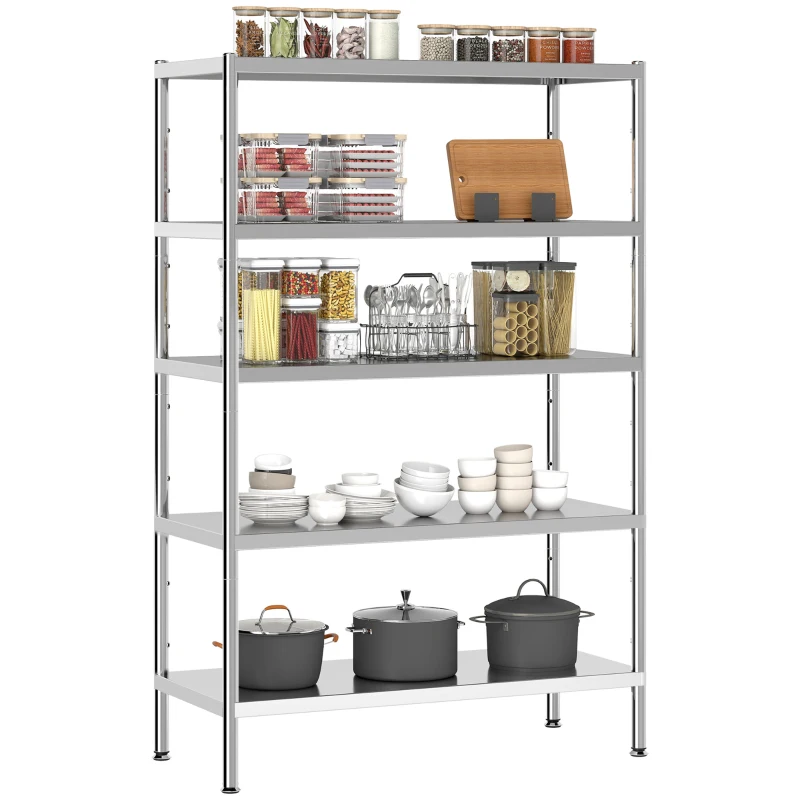 HOMCOM Scaffale da Cucina a 5 Livelli Regolabili su 13 Altezze Diverse, in Acciaio Inox, 91x40x139 cm, Argento