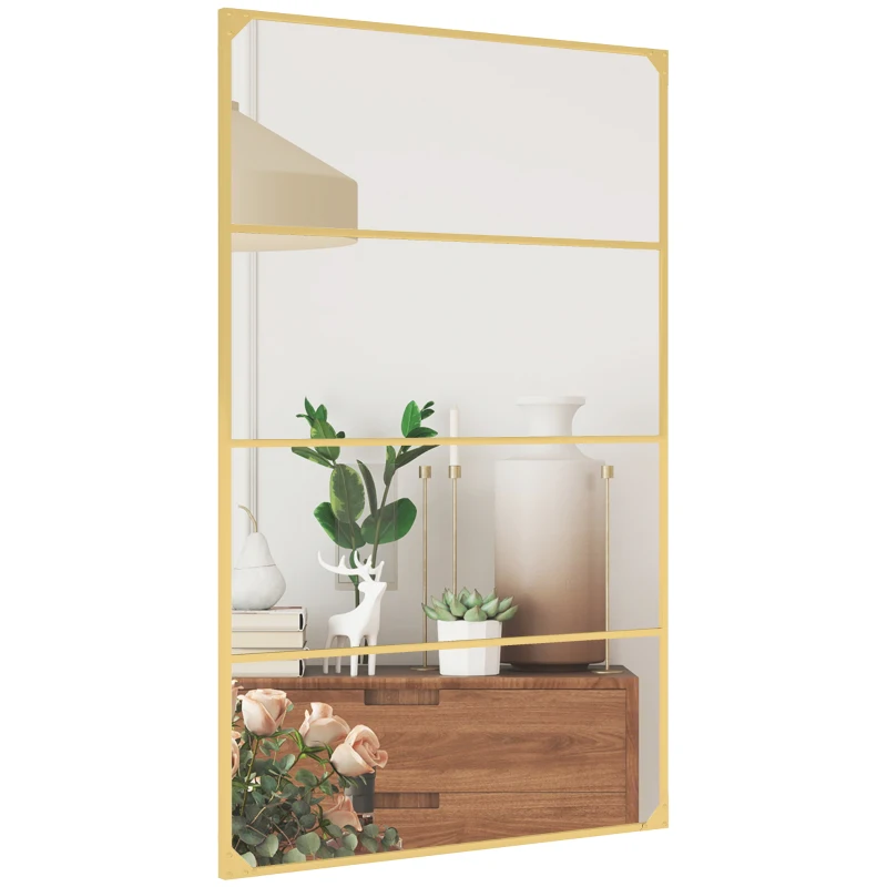 HOMCOM Espejo mural tipo ventanal rectangular estilo industrial, horizontal o vertical con 4 ganchos, en metal dorado 109 x 69 cm
