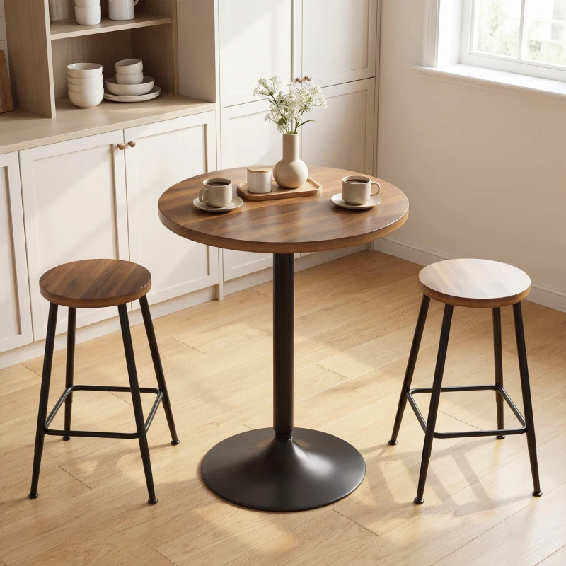 HOMCOM Mesa de bar redonda 60 cm, mesa alta de cocina con topes antideslizantes, para cocina, salón, nogal