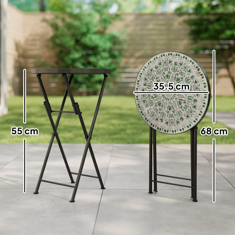 Outsunny Mosaic Outdoor Garden Table, 35.5cm Round Folding Coffee Table with Metal Frame for Balcony Terrace, Green