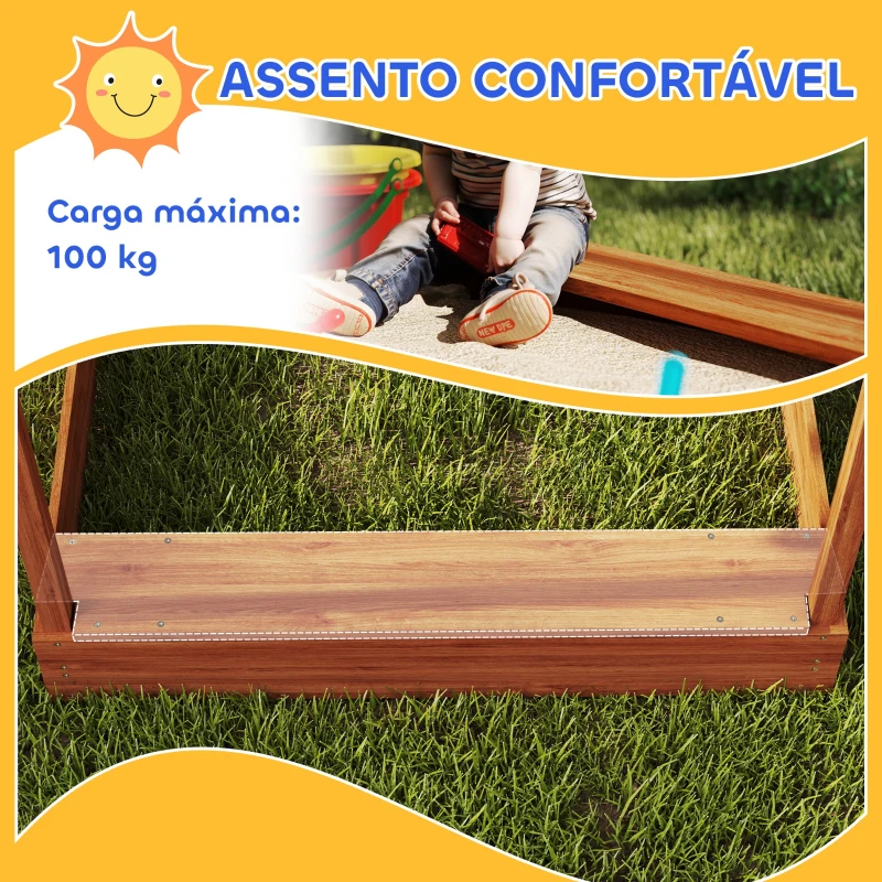 Outsunny Caixa de Areia para Crianças de Madeira em Forma de Casa com 2 Assentos Toldo 6 Bandeirolas 2 Bandejas Removíveis Torneira e Quadro para Jardim 124x116x146 cm Madeira