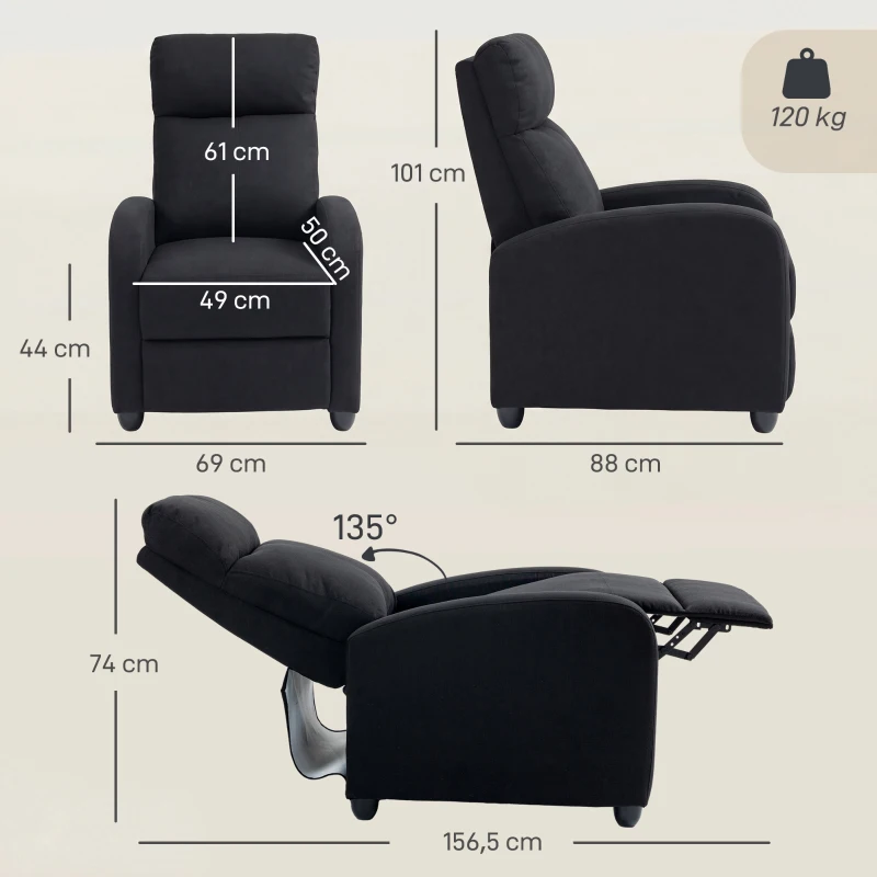 HOMCOM Relaxsessel, verstellbar 135°, ausziehbare Fußstütze, gepolsterte Lehnen, Leinen-Polyester, Schwarz