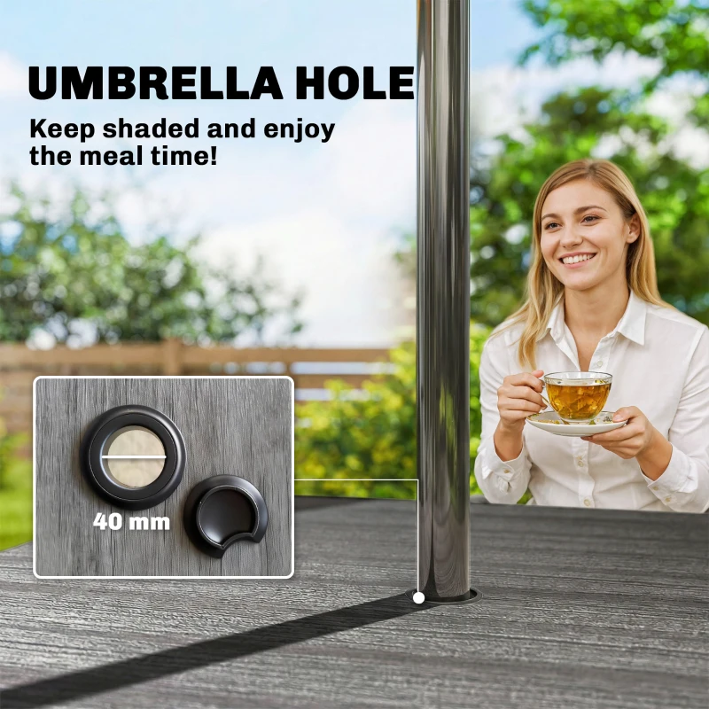 Outsunny Garden Dining Table for 4, 85 cm Square Outdoor Table with Umbrella Hole, Faux Wood Top, Metal Legs, Dark Grey