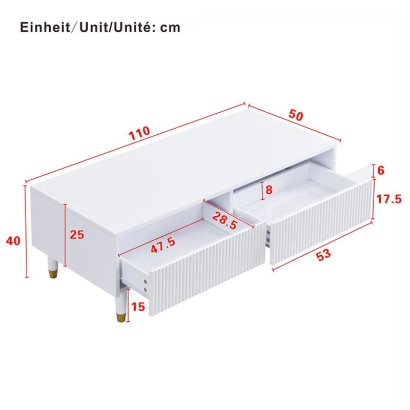 Tavolino da salotto con 2 cassetti e illuminazione LED, 110x50x40 cm, Bianco