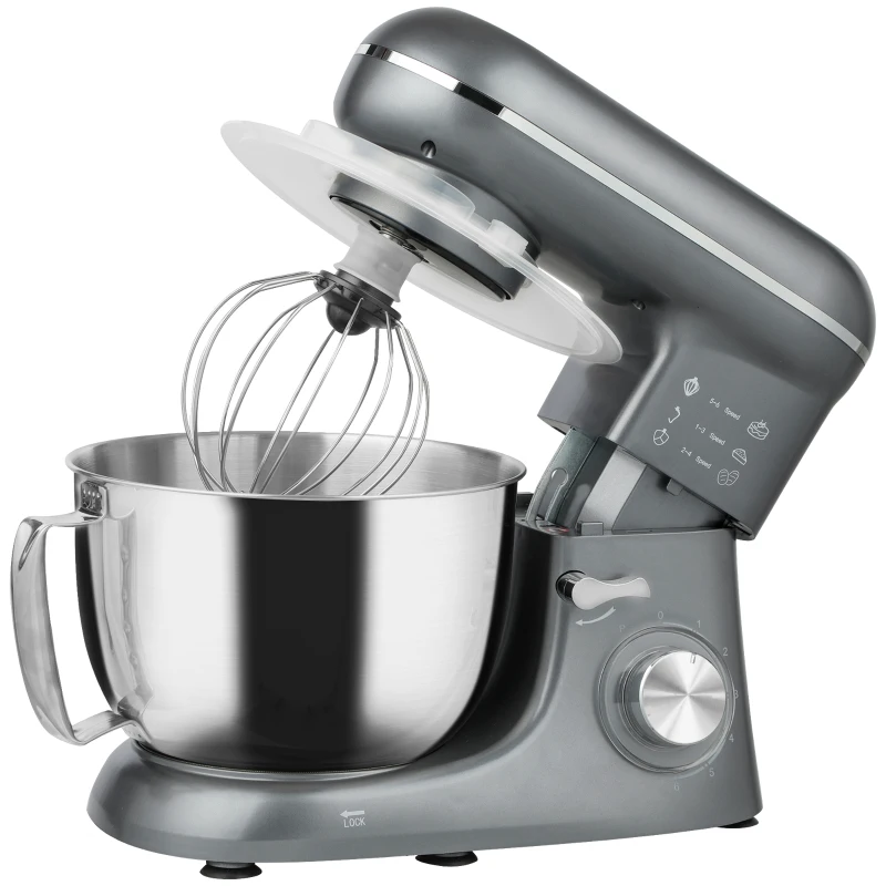 HOMCOM Robot de repostería 1300 W, amasadora profesional 4,5 L, bol de acero inoxidable, 6+P velocidades y pulso, plateado