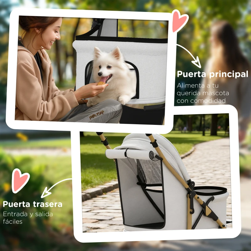 PawHut Carrito para Mascotas con 2 Puertas Ventana de Malla Cesta de Almacenamiento Cuerda de Seguridad 80x44,5x97 cm Gris Claro