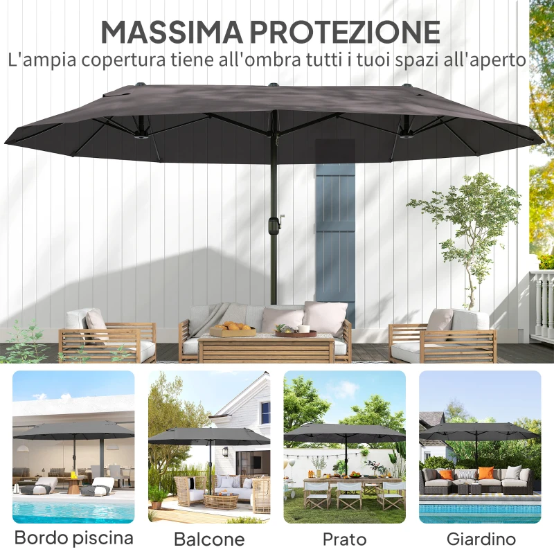 Outsunny Ombrellone da Giardino Doppio da Giardino 4.6x2.7 m a 12 Stecche con Prese d'Aria e Manovella, Ombrellone per Esterno in Acciaio e Poliestere, Anti UV, per Balcone e Terrazza, Grigio