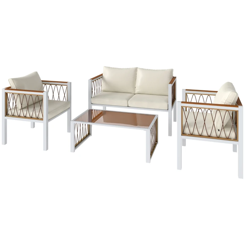 Outsunny Set de muebles de jardín 4 piezas Polyrattan Lounge-Set con sofá de 2 plazas 2 sillones mesa de cristal cojines desmontables alfombrillas antideslizantes