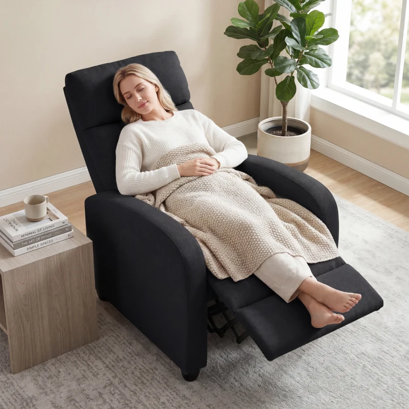 HOMCOM Relaxsessel, verstellbar 135°, ausziehbare Fußstütze, gepolsterte Lehnen, Leinen-Polyester, Schwarz