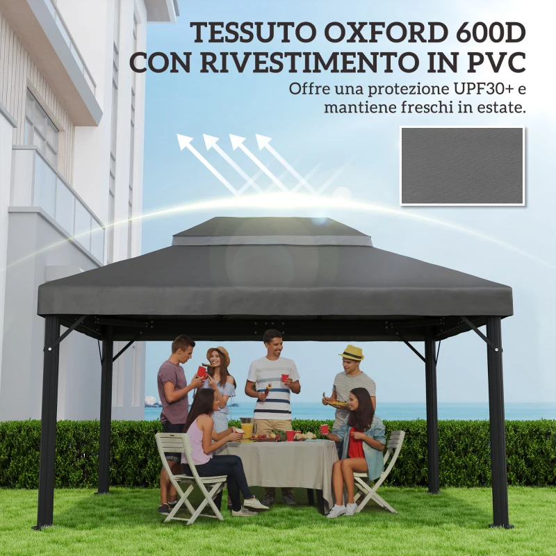 Outsunny Copertura per Gazebo da Giardino 3x4 m a 2 Livelli in Tessuto Oxford 600D con Fori di Drenaggio, Grigio Scuro
