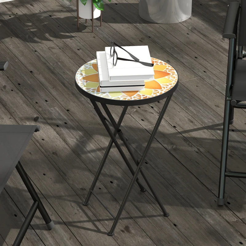 Outsunny Mosaic Outdoor Garden Table, 35.5cm Round Folding Coffee Table with Metal Frame for Balcony Terrace, Yellow