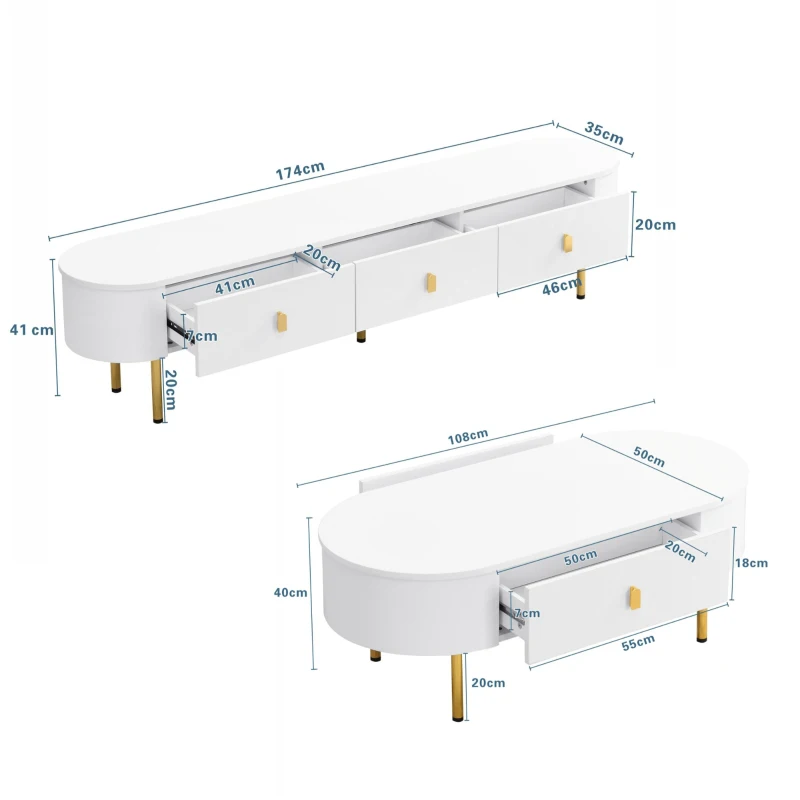 Set mobile TV e tavolino da caffè per soggiorno con cassetti e angoli arrotondati, Bianco e Oro