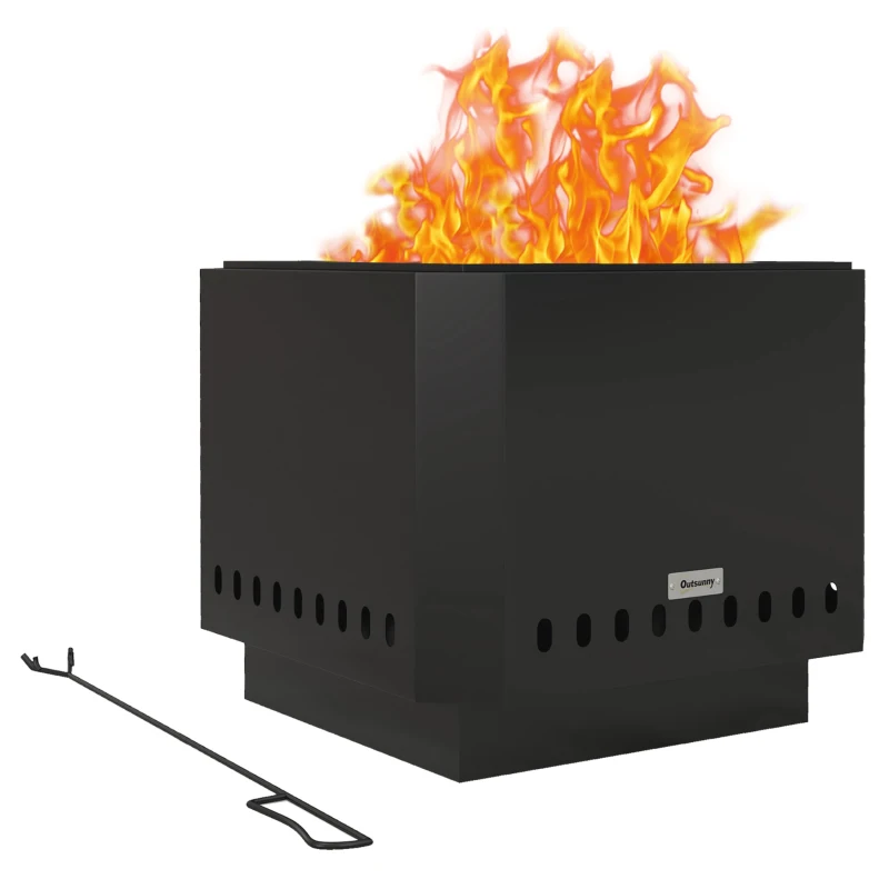 Outsunny Smokeless Fire Pit, 48 cm Portable Wood Burning Firepit, Square Metal Bonfire Stove with Poker, Black