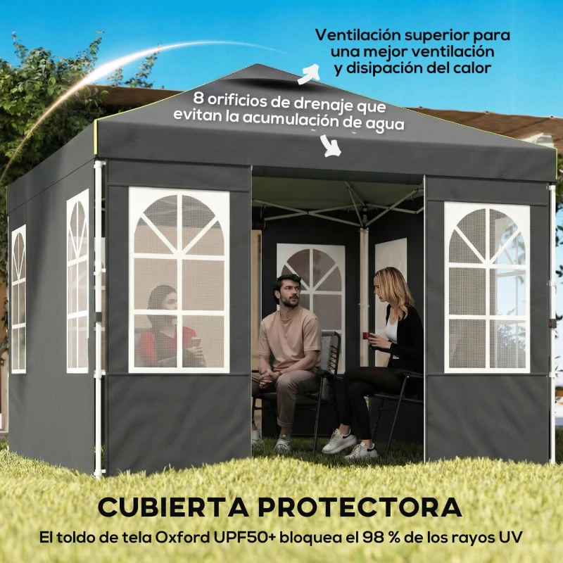 Outsunny Carpa Plegable 3x3 m Pop-up con UPF50+ 4 Laterales Desmontables Altura Ajustable y Bolsa de Transporte Gris Oscuro