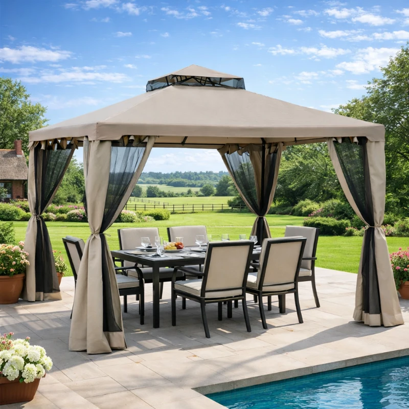 Outsunny Outdoor Gazebo, 2-tier Roof W/Netting, 295L x 295W x 263Hcm-Taupe