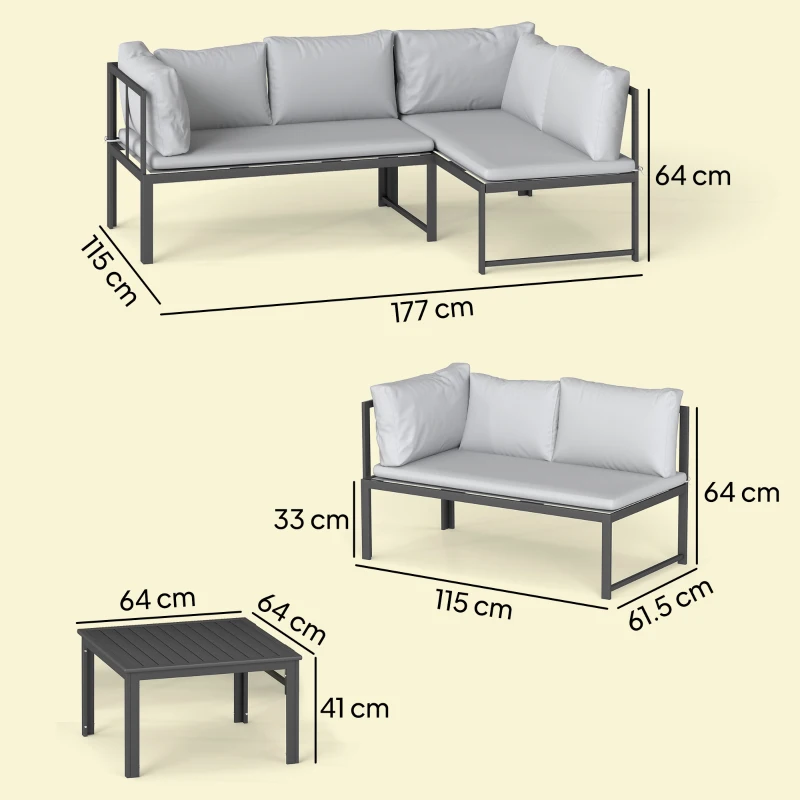 Outsunny Set da Giardino 3pz con Divano Angolare 4 Posti e Tavolino a Doghe, in Metallo e Poliestere Grigio