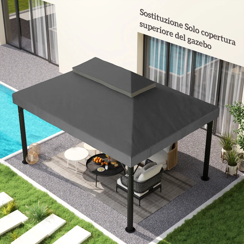 Outsunny Copertura per Gazebo da Giardino 3x4 m a 2 Livelli in Tessuto Oxford 600D con Fori di Drenaggio, Grigio Scuro