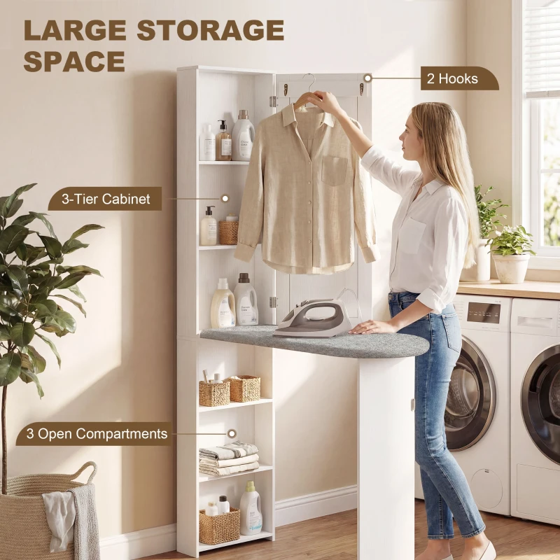 HOMCOM Opvouwbare Strijkplankkast met Deur, Interne Planken, Spiegel, Ruimtebesparende Strijktafel voor Wasverzorging, 106x35x174 cm, Wit