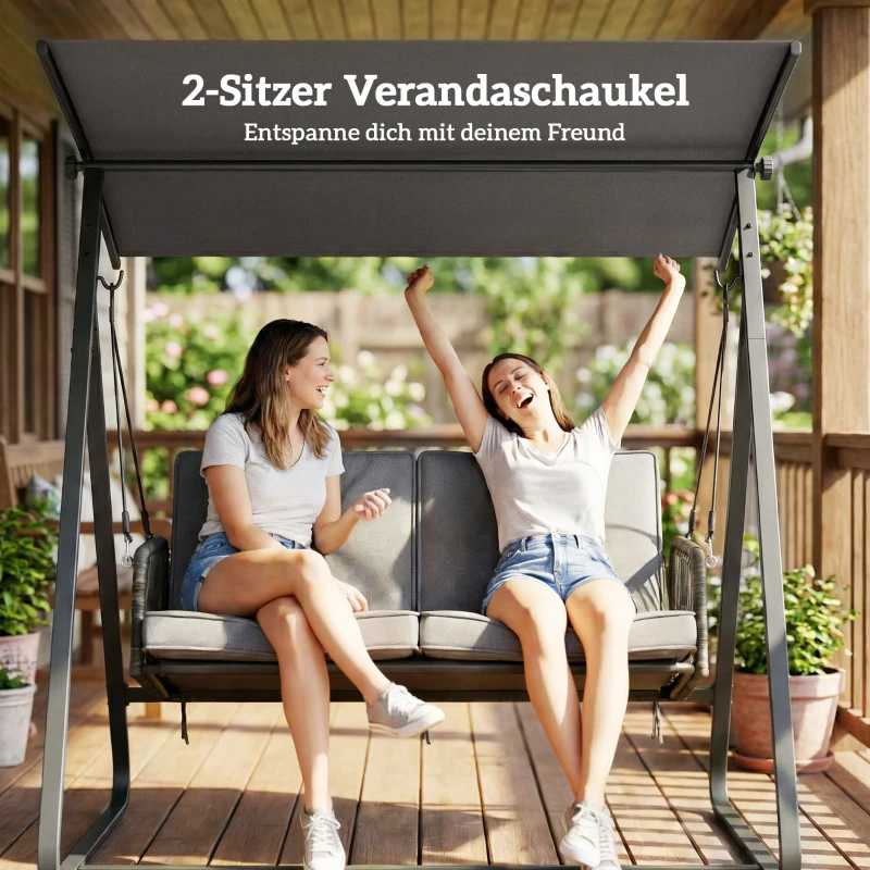 Outsunny Hollywoodschaukel Rattan 2-Sitzer Gartenschaukel mit Verstellbarem Sonnendach weichem Kissen A-Rahmen