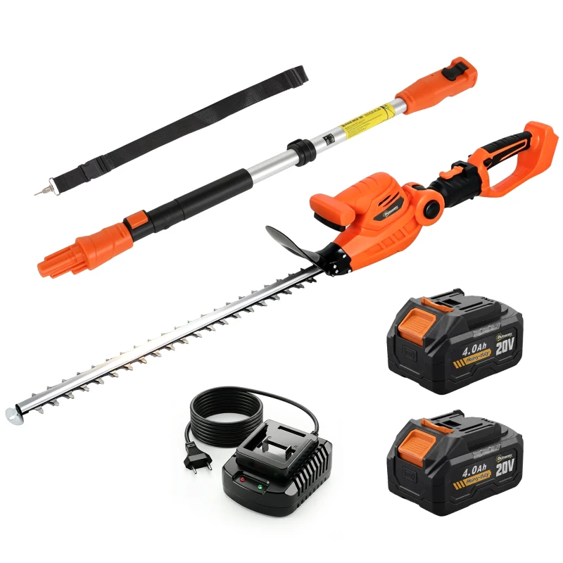 Outsunny Aparador de Sebes Elétrico com Haste Telescópica Lâmina 51 cm 2 baterias 4,0 Ah  112,5x15x14,5cm, Laranja