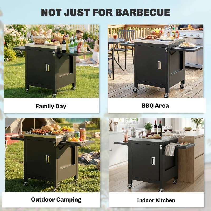 Outsunny Outdoor Grill Cart with Stainless Steel Tabletop, BBQ Table with a Cabinet, Towel Holder, Bottle Opener, Black