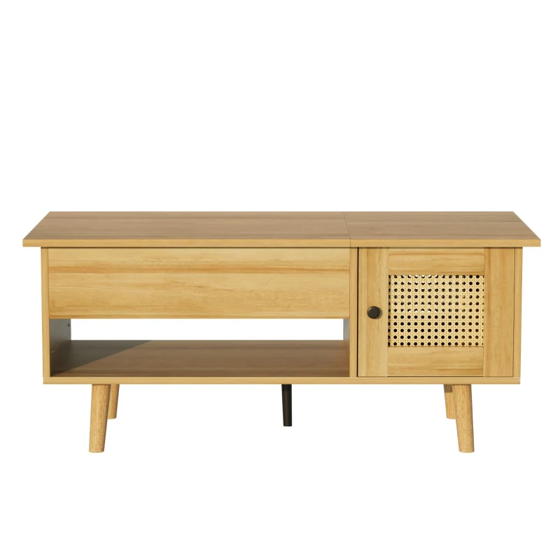 Table basse avec plateau relevable et portes en rotin, rangement pratique, 103x50x46 cm, Couleur naturelle