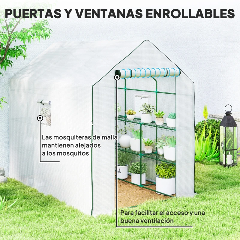 Outsunny Invernadero de Exterior con 12 Estantes Puerta Enrollable Cubierta de PE y Marco de Acero 140x213x190 cm Blanco