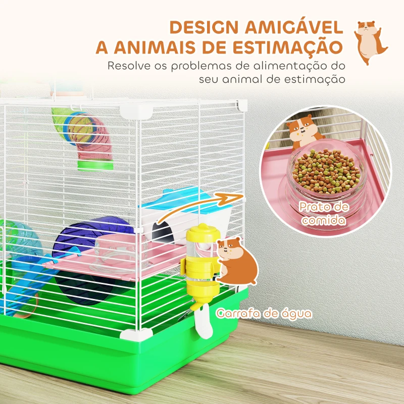 PawHut Gaiola para Hamster com Túnel Prato Bebedouro Casinha Rampa Roda de Exercício Bandeja Removível 46x30x37 cm Verde