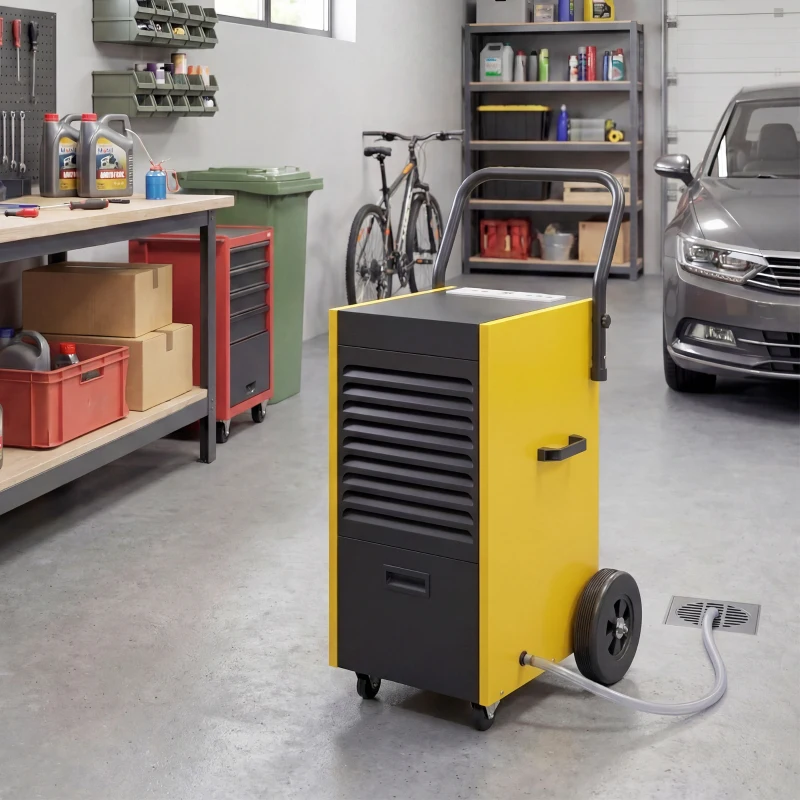 DURHAND Commerciële luchtontvochtiger 70L/dag met wielen en handgreep, continue afvoer, 24-uurs timer, 5,5L tank, geel