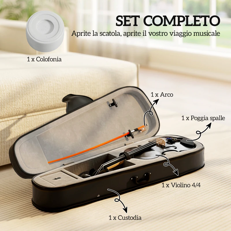 HOMCOM Violino 4/4 in Legno di Abete e Acero con Custodia, Arco, Spalliera e Pece, Nero