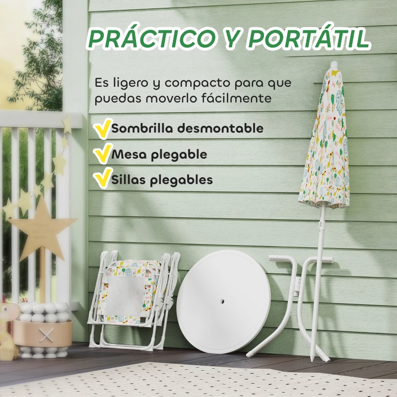 AIYAPLAY Conjunto de Mesa y Sillas Infantil de Jardín 4 Piezas Sillas Plegables Sombrilla Ajustable Diseño de Elefantes Blanco