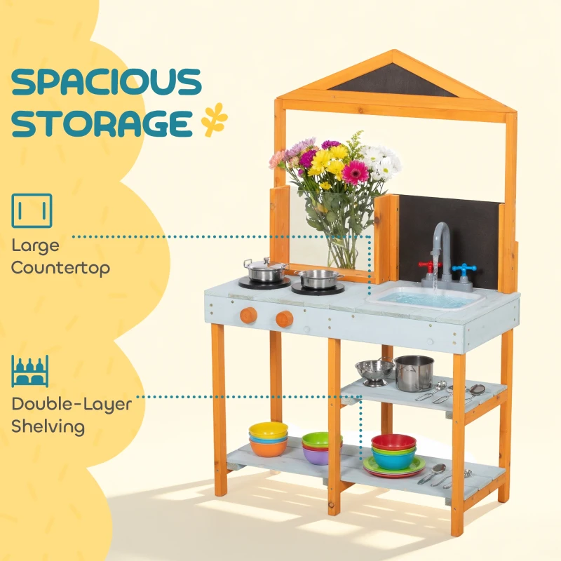 AIYAPLAY Modderkeuken Kinder Outdoor Speelkeuken Hout met Kookplaat Uitneembare Gootsteen en Planken voor Kinderen van 3-8 Jaar, Lichtblauw