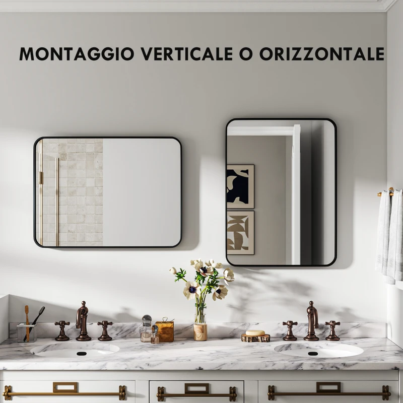 HOMCOM Specchio Bagno con Cornice in Metallo e Gancio, 60x2.5x80 cm, Nero