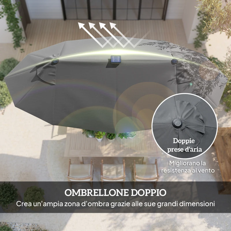 Outsunny Ombrellone doppio con Base a crocee Luci Solari, 295x150x219cm, Grigio