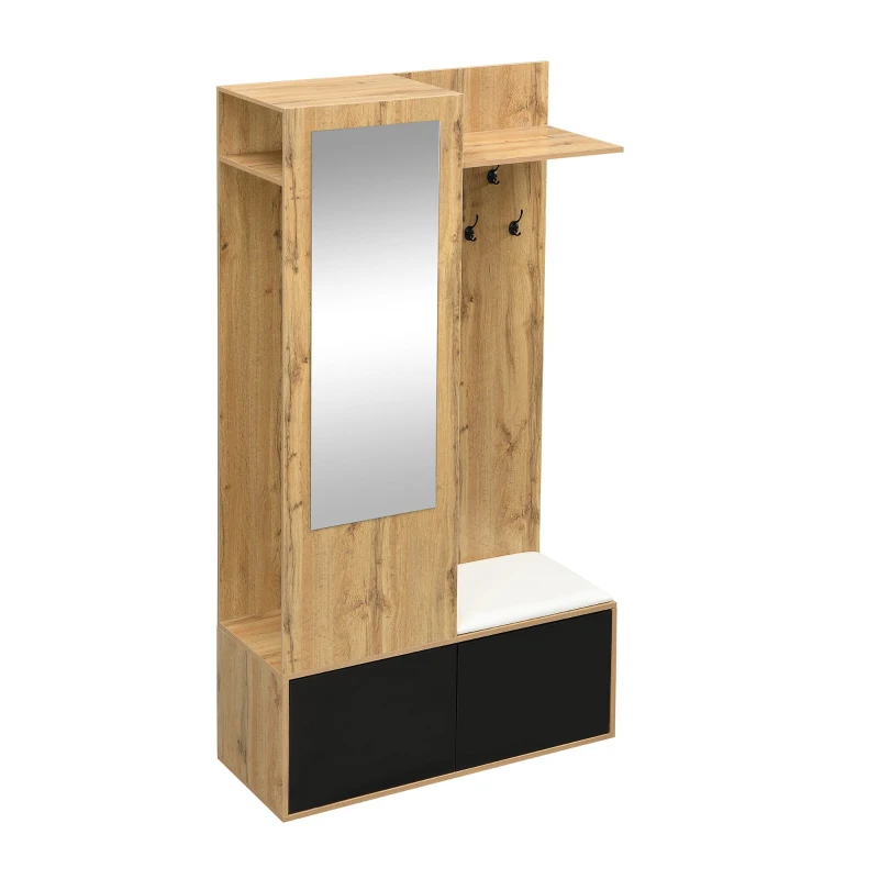 Ensemble d'entrée avec 5 patères, miroir, meuble à chaussures et banc d'entrée, 100x38x191 cm, Noir+Couleur naturelle
