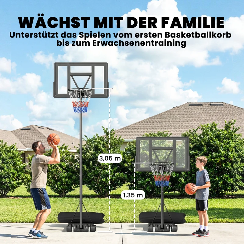 SPORTNOW Basketbalring Outdoor 135-305cm Verstelbaar Basketbalstandaard met 110x70cm Onbreekbaar Achterbord 2 Wielen
