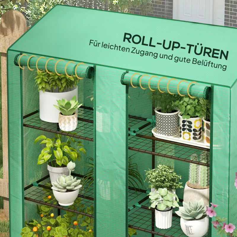 Outsunny Mini-Gewächshaus, 3 Etagen, 6 Drahtregale, 2 Öffnungen, Kunststoff-Plane, Grün