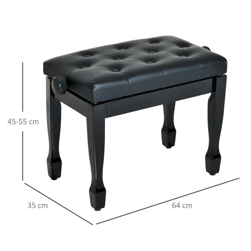 HOMCOM Banco de Piano Altura Ajustável Assento de Couro Sintético Pernas em Madeira 64x35x55 cm Preto