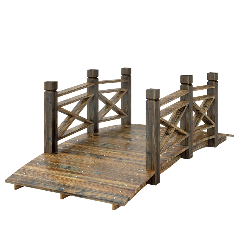 Outsunny Ponte de Madeira com Corrimão Ponte de Jardim em Abeto Ponte para Lago com Aparência Antiga, Atravessável 174 x 78 x 57,5 cm Carbonizado