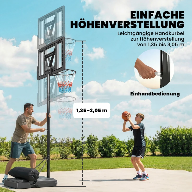 SPORTNOW Basketbalring Outdoor 135-305cm Verstelbaar Basketbalstandaard met 110x70cm Onbreekbaar Achterbord 2 Wielen